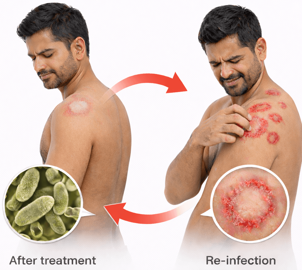 Fungal infection reinfection cycle caused by infected clothes and skin contact